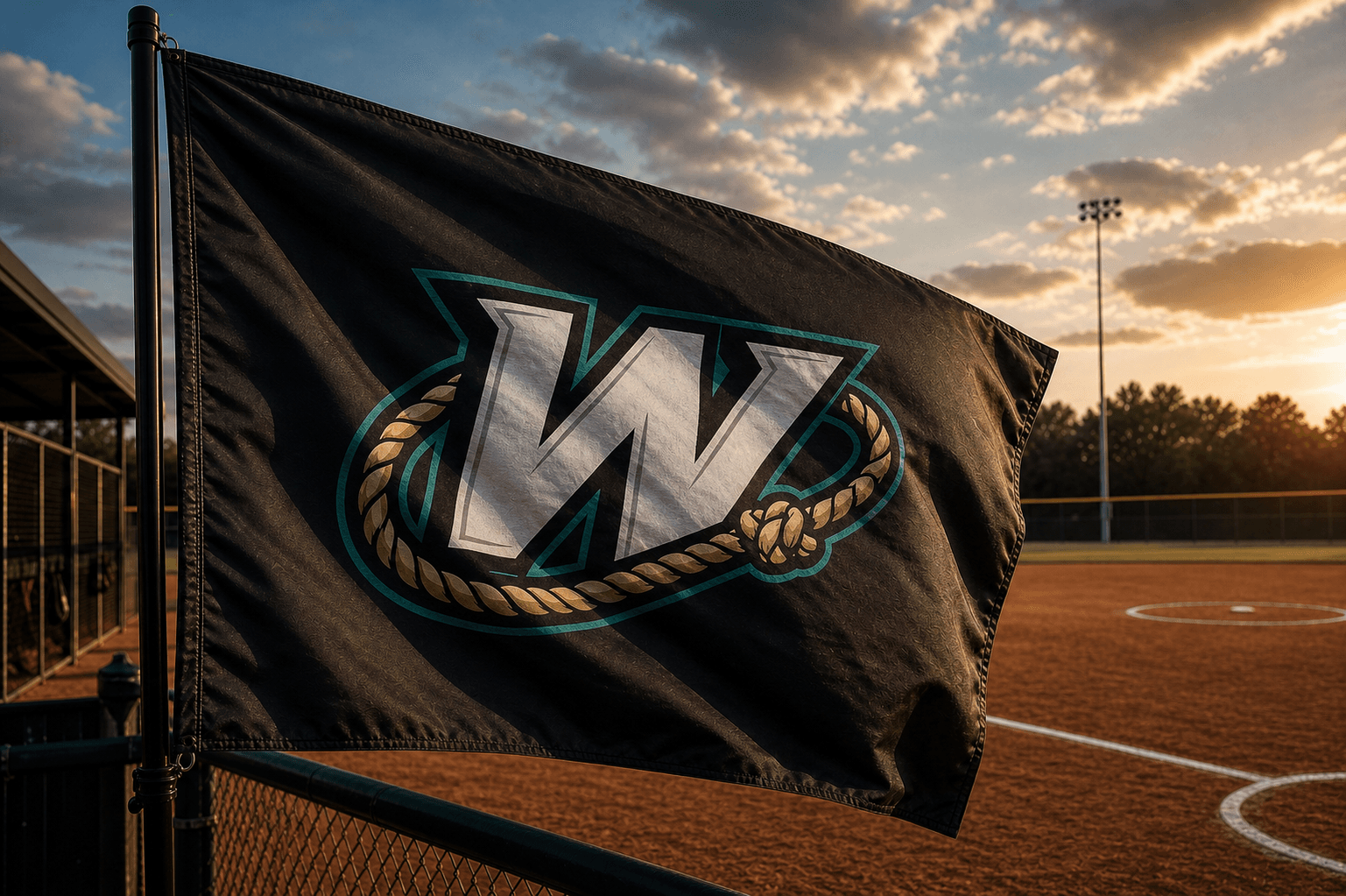 Wranglers logo on a black flag at a softball field